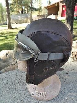 Vintage WWII Air Associates Leather Flight pilot helmet withgoggles. Pilots name