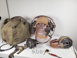 Vintage WWII Air Force Pilots AN-H-15 Helmet Cap Flight 2 Headset w Mic& Bag Lot