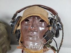 Vintage WWII Air Force Pilots AN-H-15 Helmet Cap Flight 2 Headset w Mic& Bag Lot