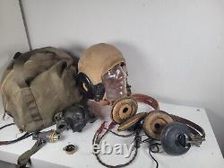 Vintage WWII Air Force Pilots AN-H-15 Helmet Cap Flight 2 Headset w Mic& Bag Lot