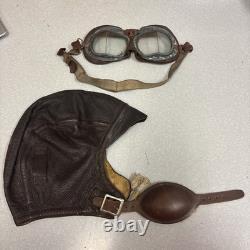 Vintage WWII Leather Aviator Flight Cap Pilot Helmet Goggles Slote & Klein