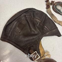 Vintage WWII Leather Aviator Flight Cap Pilot Helmet Goggles Slote & Klein