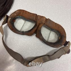 Vintage WWII Leather Aviator Flight Cap Pilot Helmet Goggles Slote & Klein