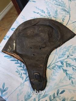 Vintage WWII US Navy Type M-450 Leather Flight Helmet 4-Panel Pilot Goggle Strap