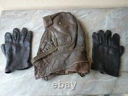 Vtg Rare Ww2 Wwii German Luftwaffe Aviator Pilot Leather Flight Helmet & Gloves