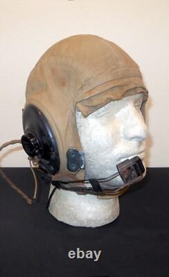 WW2 US Navy Pilot Aircraft TYPE AN-H-15 FLIGHT HELMET & BOOM MIC NICE