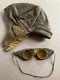 WWI leather flying helmet pilot's aviators cap & two pairs tinted flight goggles
