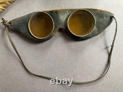 WWI leather flying helmet pilot's aviators cap & two pairs tinted flight goggles