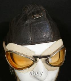 WWII German Luftwaffe Pilots Leather Winter Flight Helmet LKpW101 & Goggles Rare