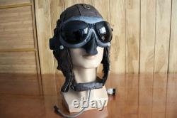 Winter Leather Pilot Flight Helmet, Air Force Wool-Lined Flying Helmet, Goggles