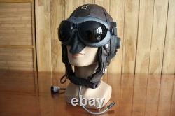 Winter Leather Pilot Flight Helmet, Air Force Wool-Lined Flying Helmet, Goggles