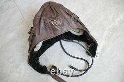 Winter Leather Pilot Flight Helmet, Air Force Wool-Lined Flying Helmet, Goggles